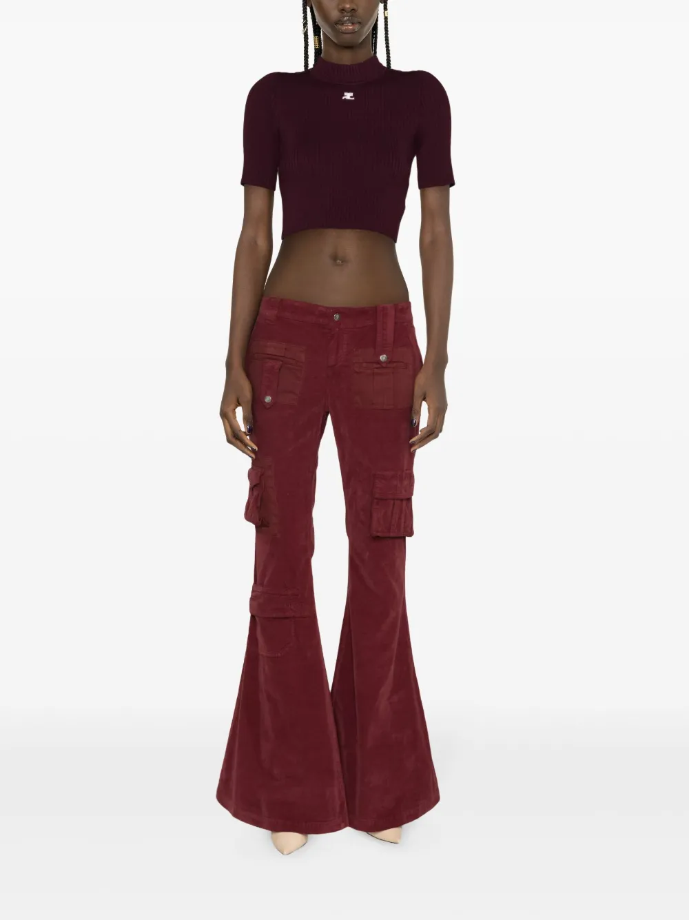 Shop Blumarine Velvet Cargo Flared Trousers In Purple