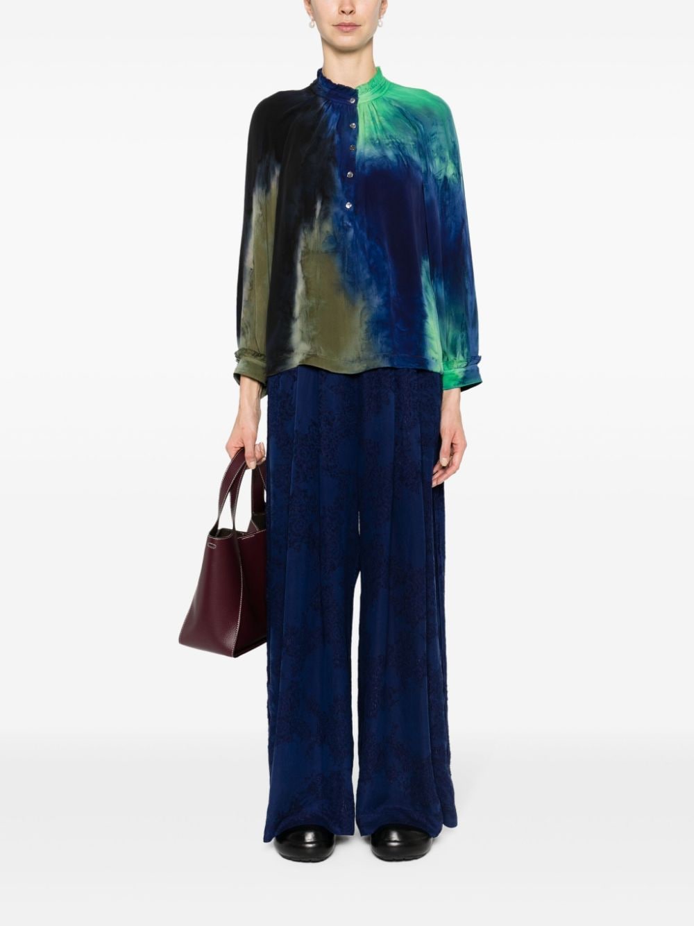 Shop Raquel Allegra Victorian Celestial-print Silk Blouse In Blue