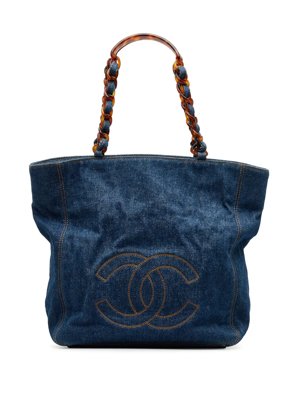 Chanel Vintage Blue Denim CC Tote Bag Tortoiseshell Bakelite