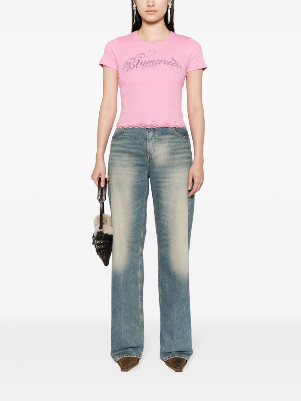 Shop Blumarine Bead-embellished Cotton T-shirt In Rosa