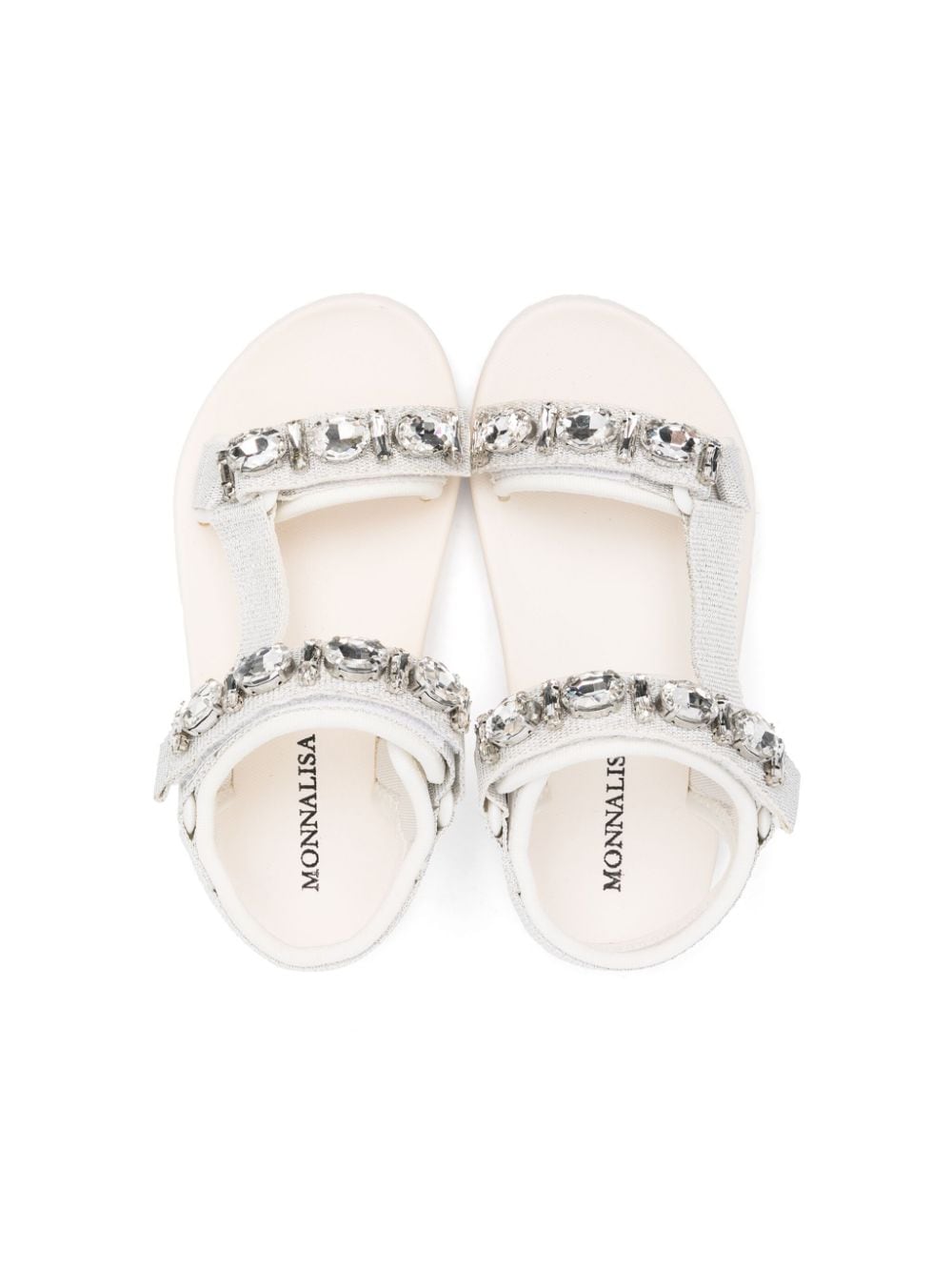 Shop Monnalisa Rhinestone Touch-strap Sandals In Neutrals
