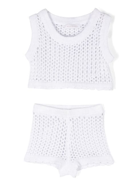 Monnalisa open-knit scallop-hem shorts set 