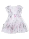 Monnalisa rose-print tiered tulle dress - White