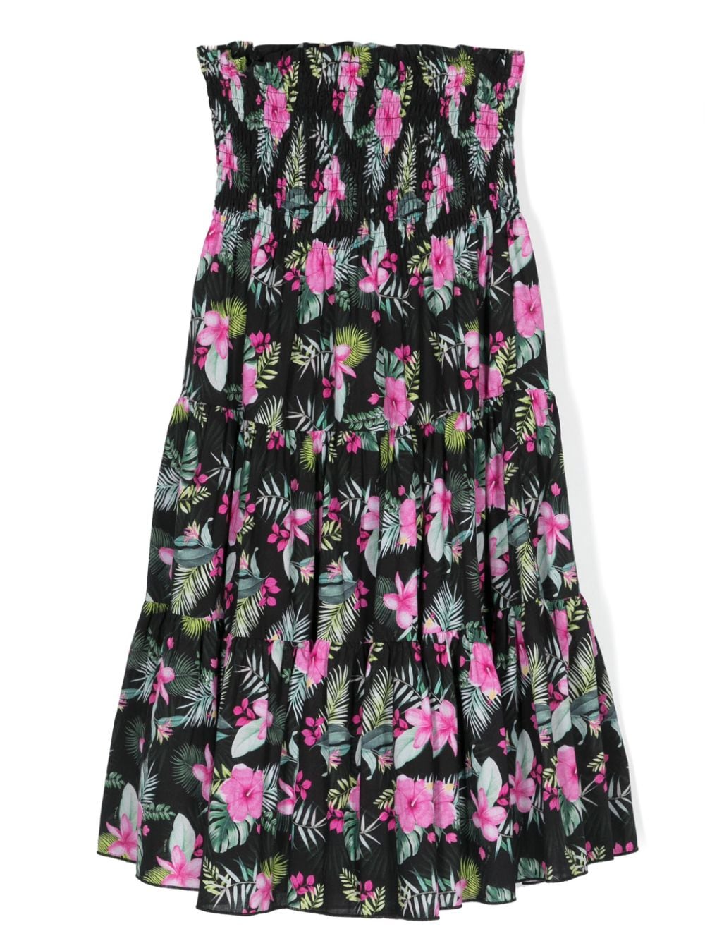 Shop Monnalisa Floral-print Tiered Cotton Dress In Black