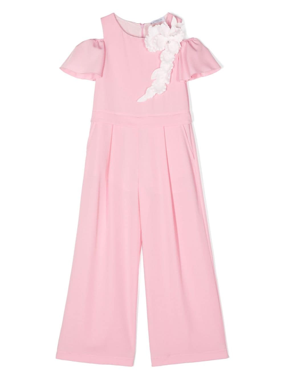 Monnalisa Kids' Floral-appliqué Off-shoulder Jumpsuit In Pink