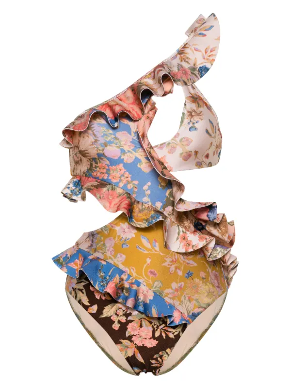 花柄★ワンショルダー★ラッフル★ワンピース水着★ ZIMMERMANN ☆Zimmermann☆ラッフル付き 花柄 ワンショルダーワンピース水着