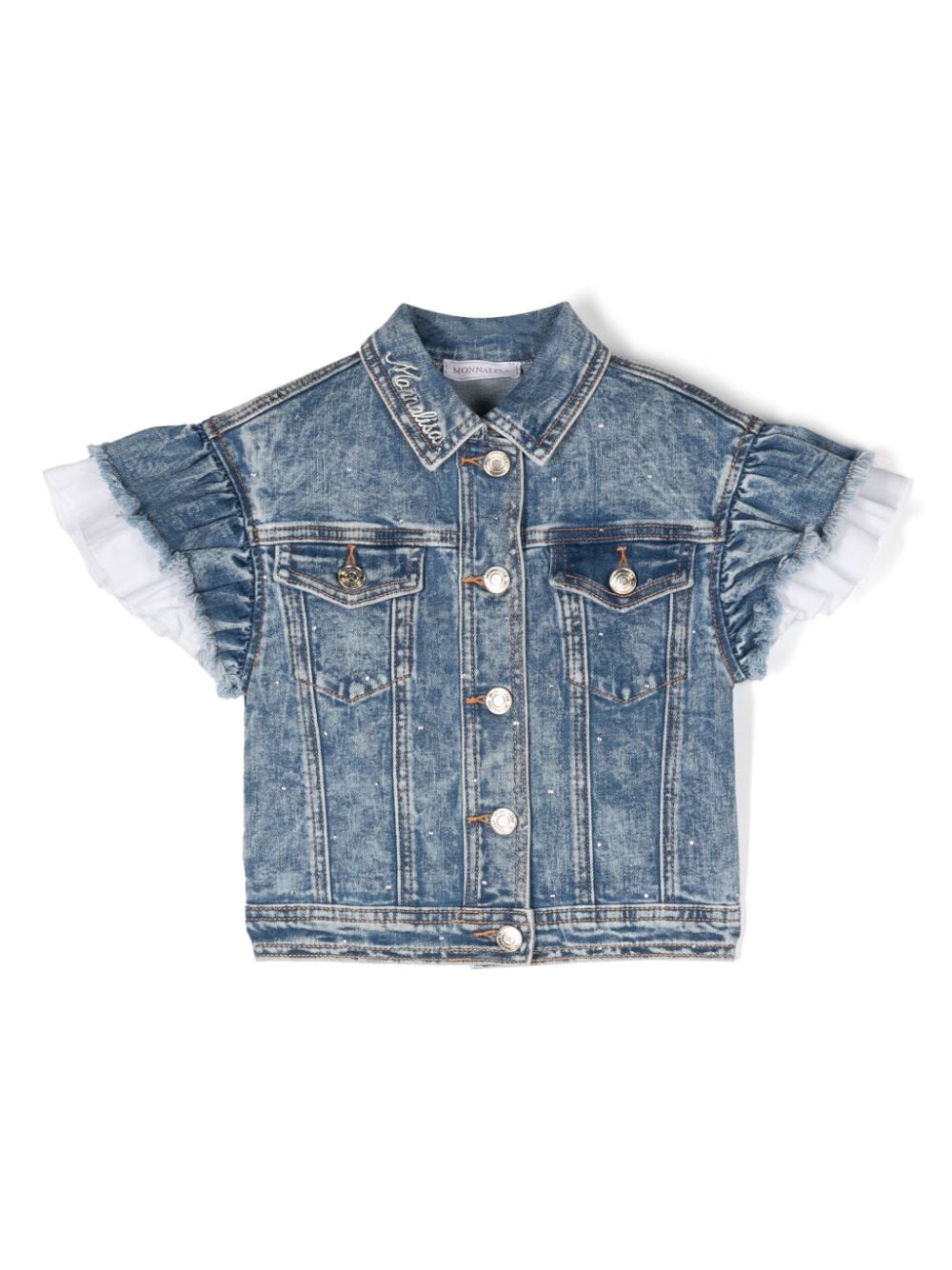 Monnalisa Kids' Ruffle-sleeve Denim Jacket In Blue