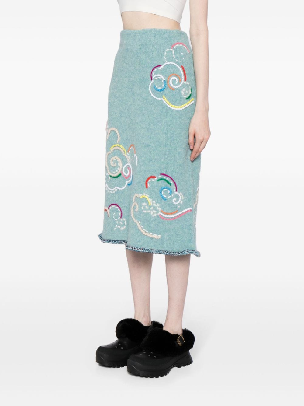 Shop Yanyan Knits Embroidered-design Wool-blend Skirt In Blue