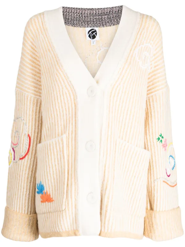 YANYAN KNITS embroidered-design V-neck Cardigan | Neutrals | FARFETCH