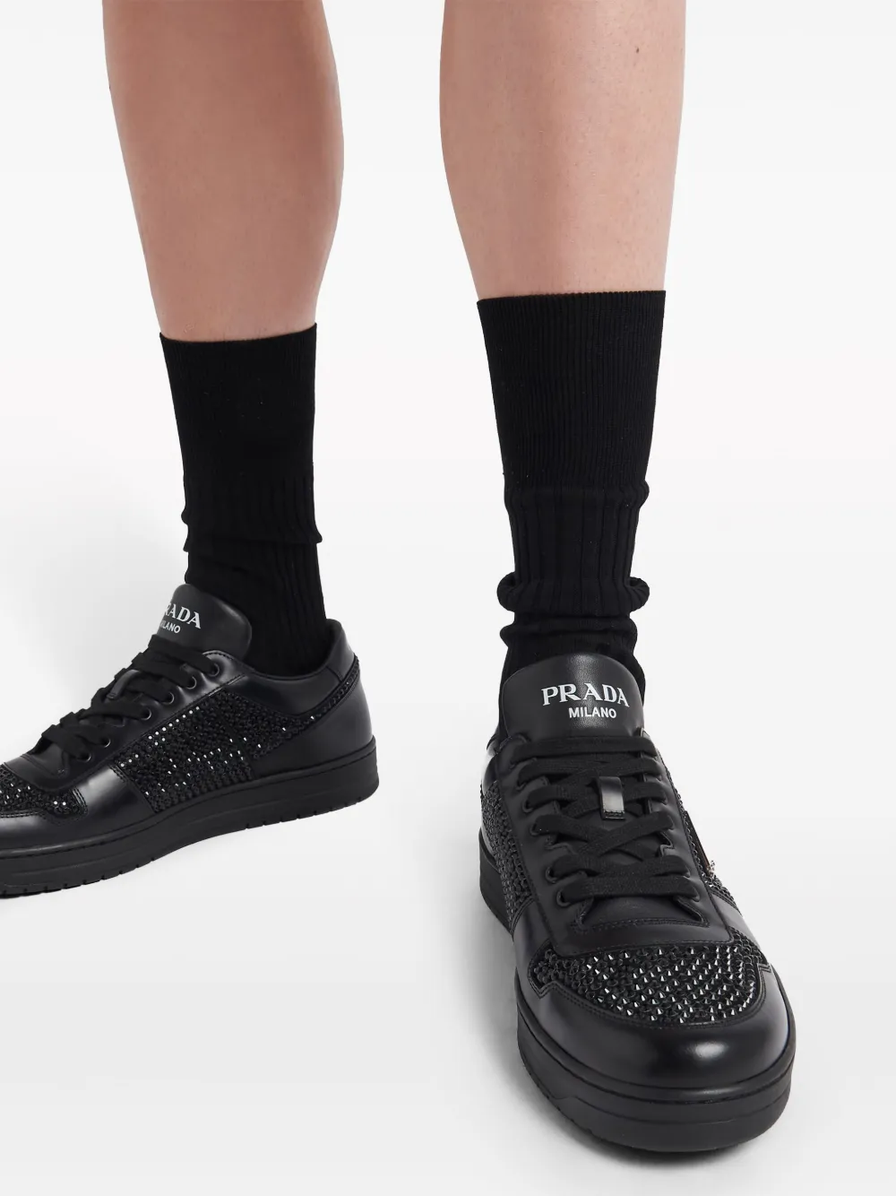 Prada crystal-embellished Leather Sneakers | Black | FARFETCH GR