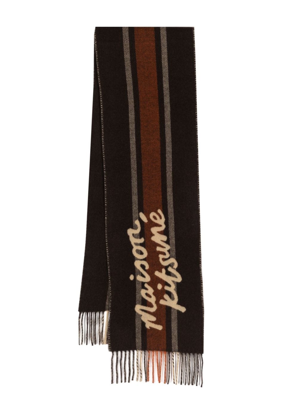 Maison Kitsuné Logo-intarsia Colour-block Wool Scarf In Brown