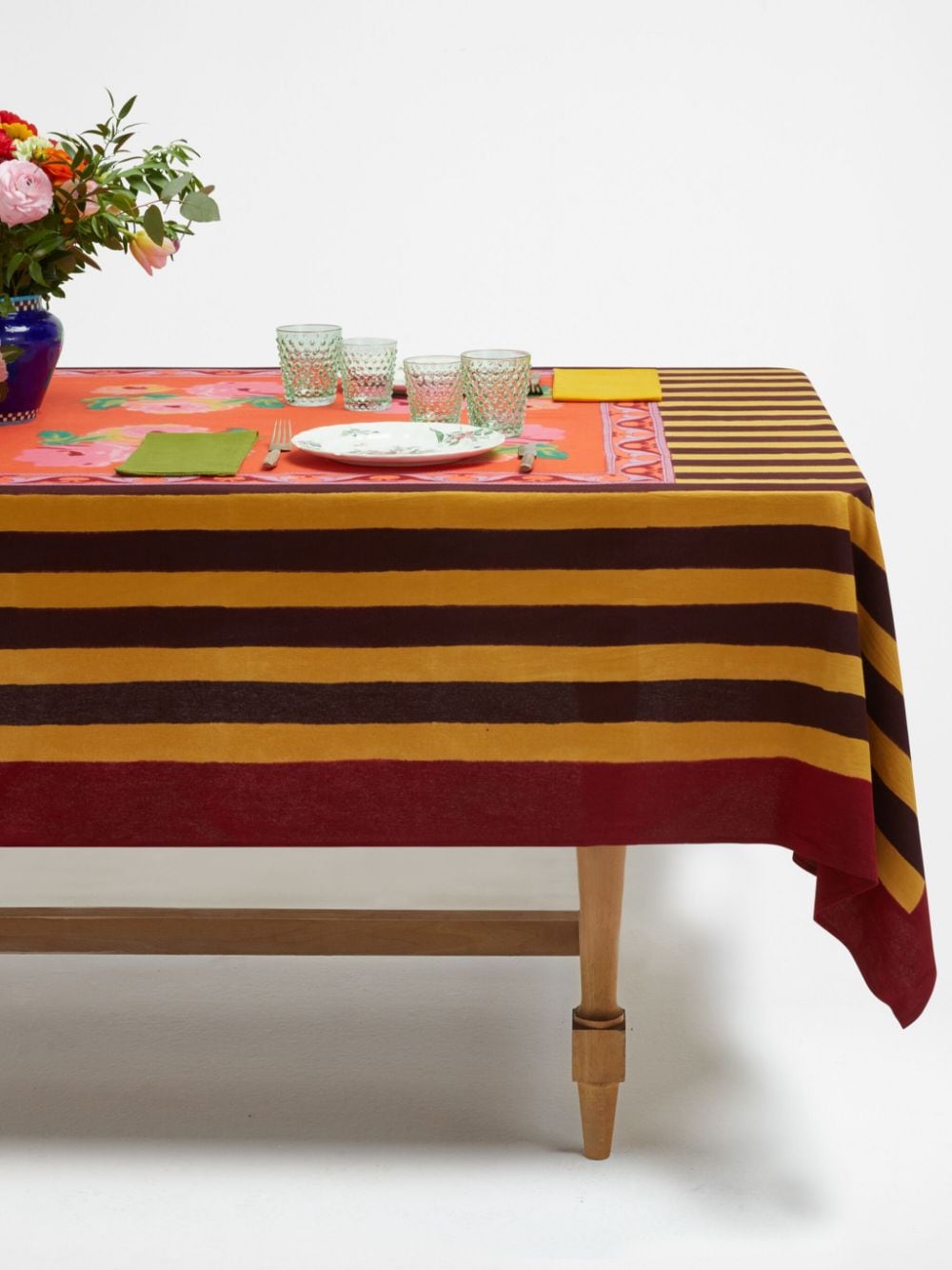 Shop Lisa Corti Floral-print Striped Table Cloth In Brown
