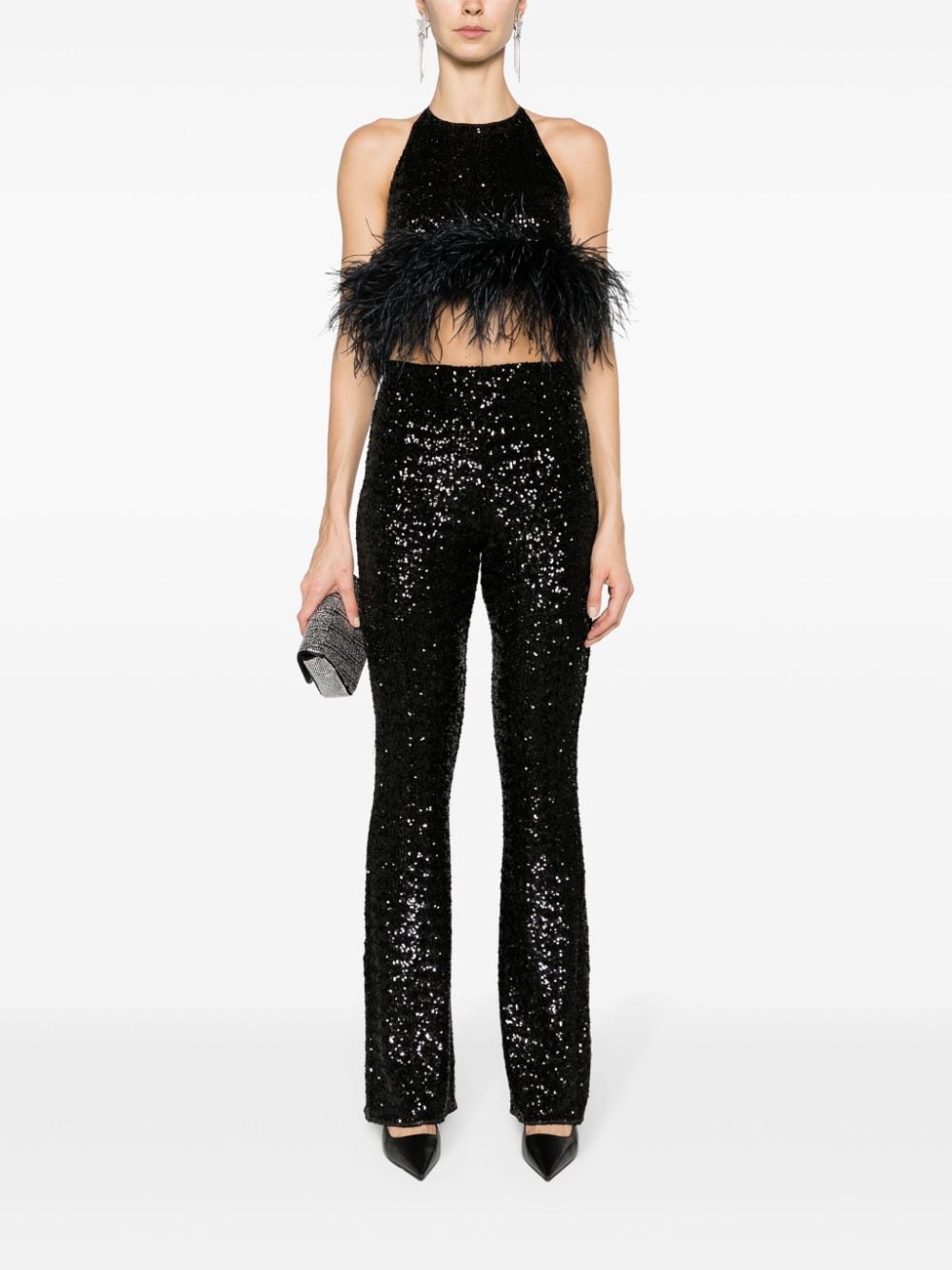 Shop Oseree Sequin-embellished Wide-leg Trousers In Black