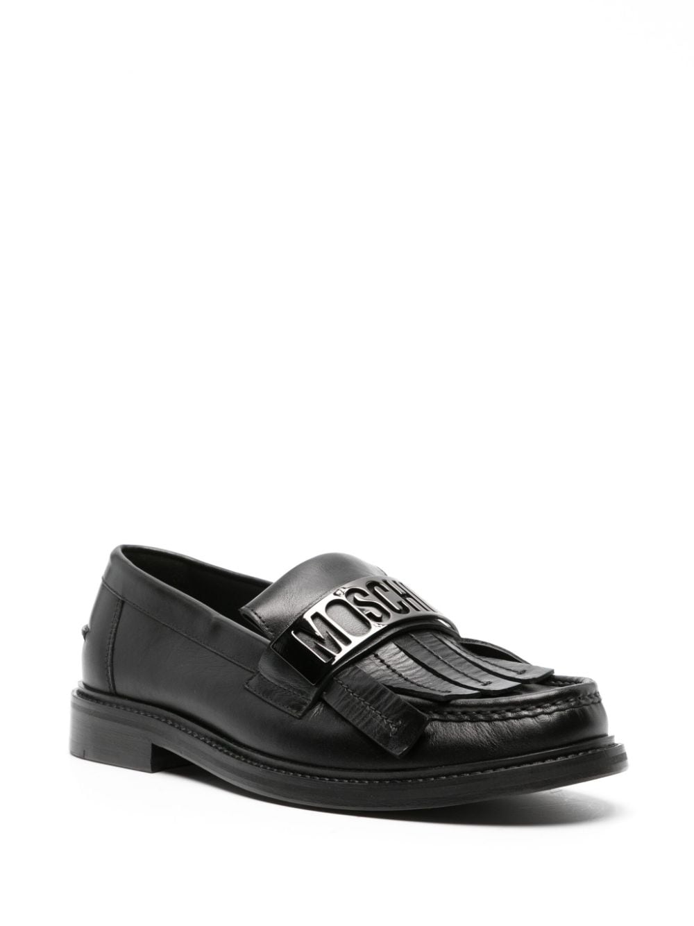 Shop Moschino Logo-plaque Fringed Leather Loafers In Black