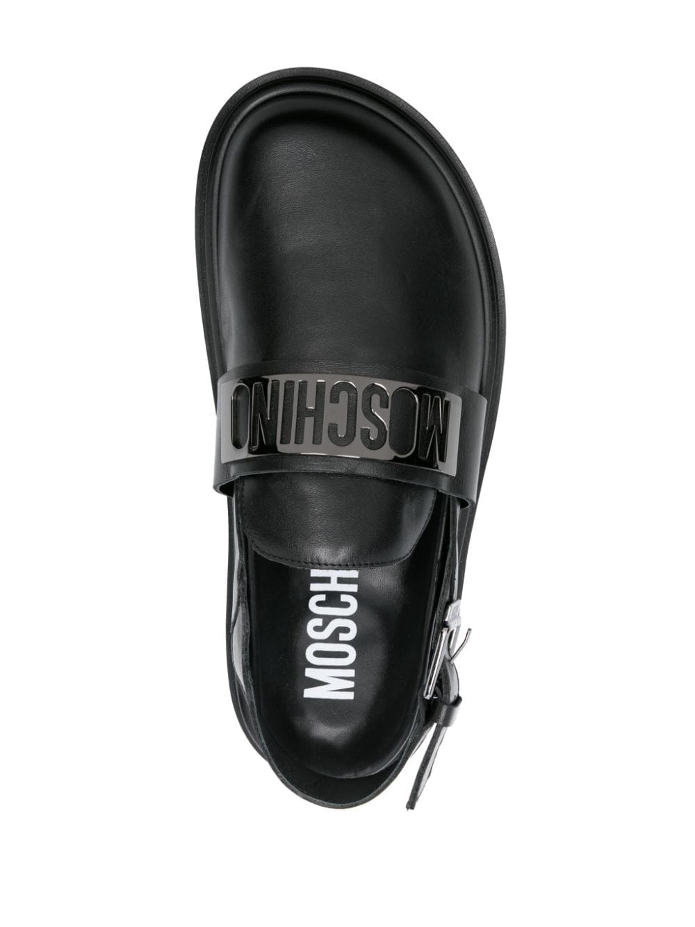 Shop Moschino Logo-plaque Leather Clogs In 黑色