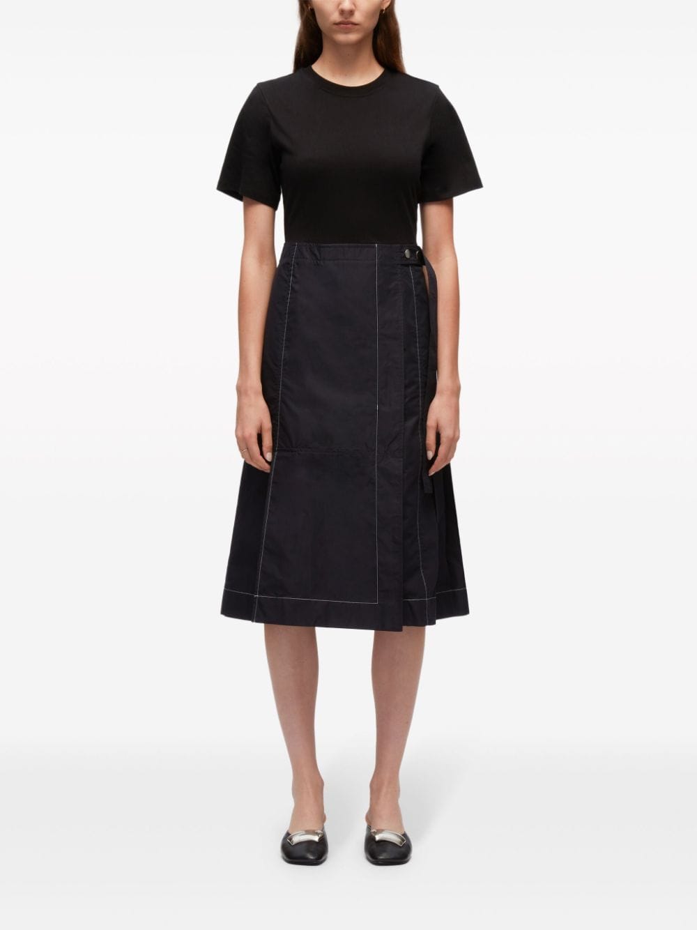 3.1 Phillip Lim Midi-jurk met wikkelrok en korte mouwen Zwart