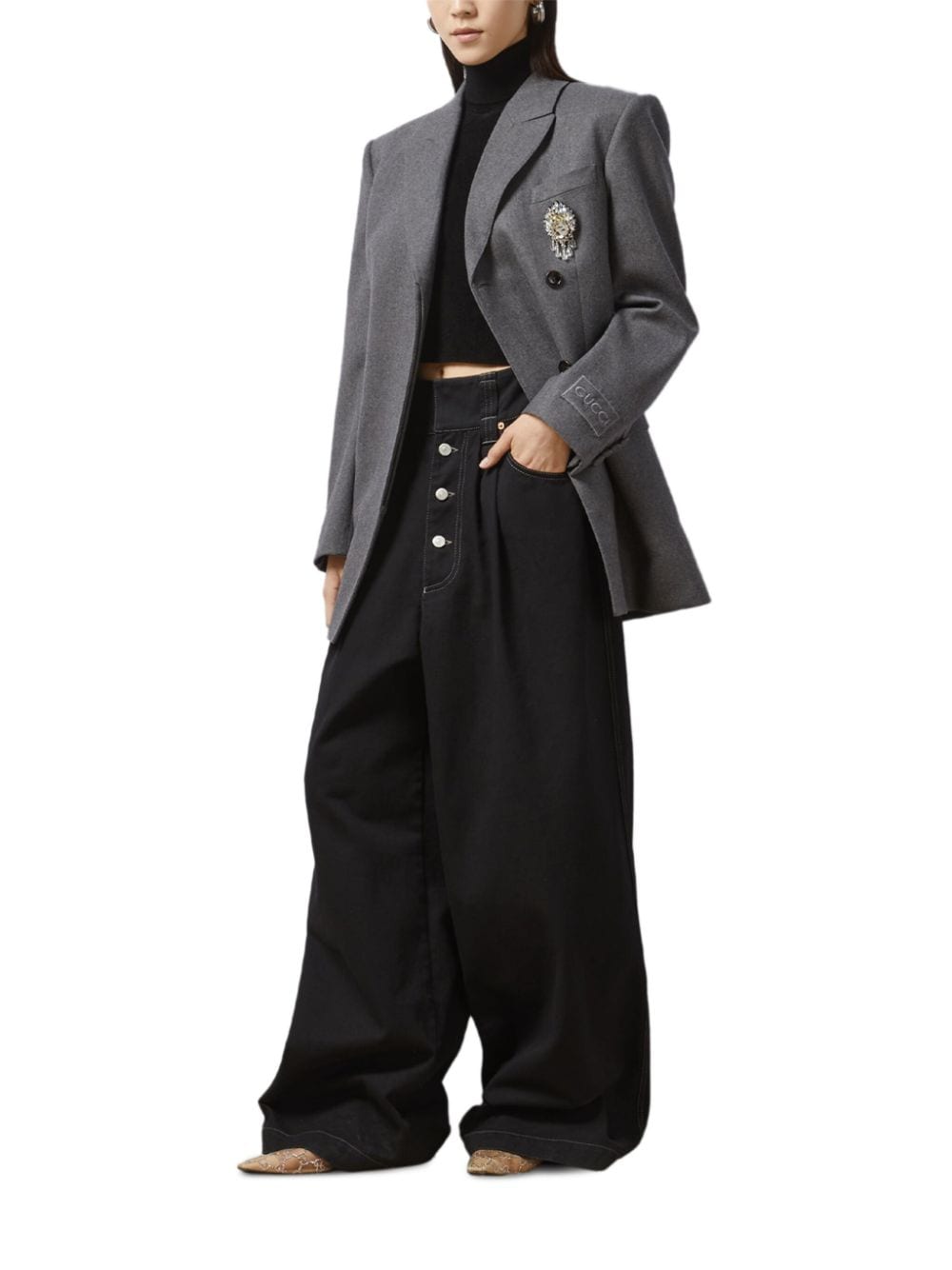 Gucci Oversized katoenen jeans met wijde pijpen en logotab - Zwart