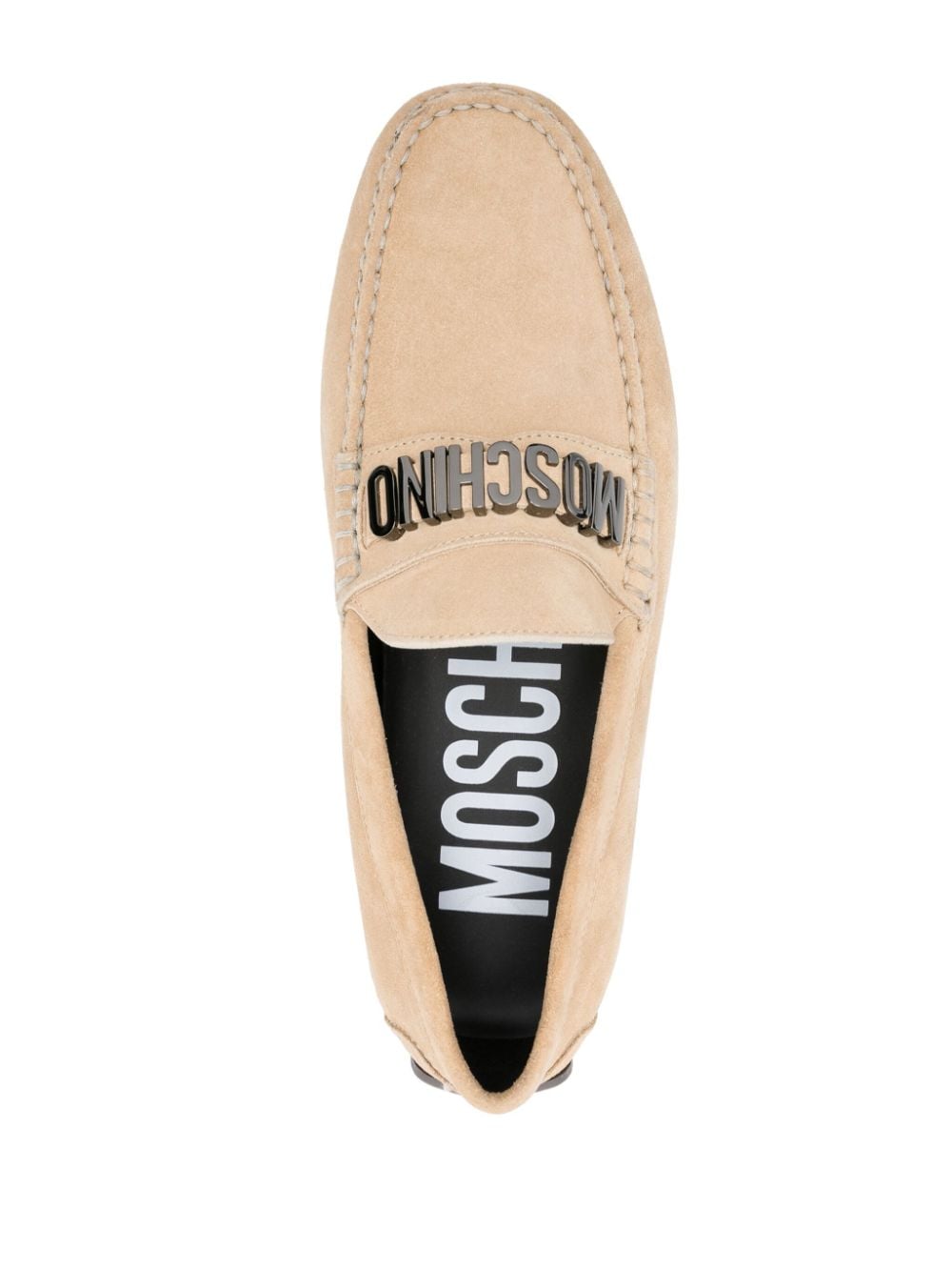 Shop Moschino Logo-plaque Suede Loafers In Brown