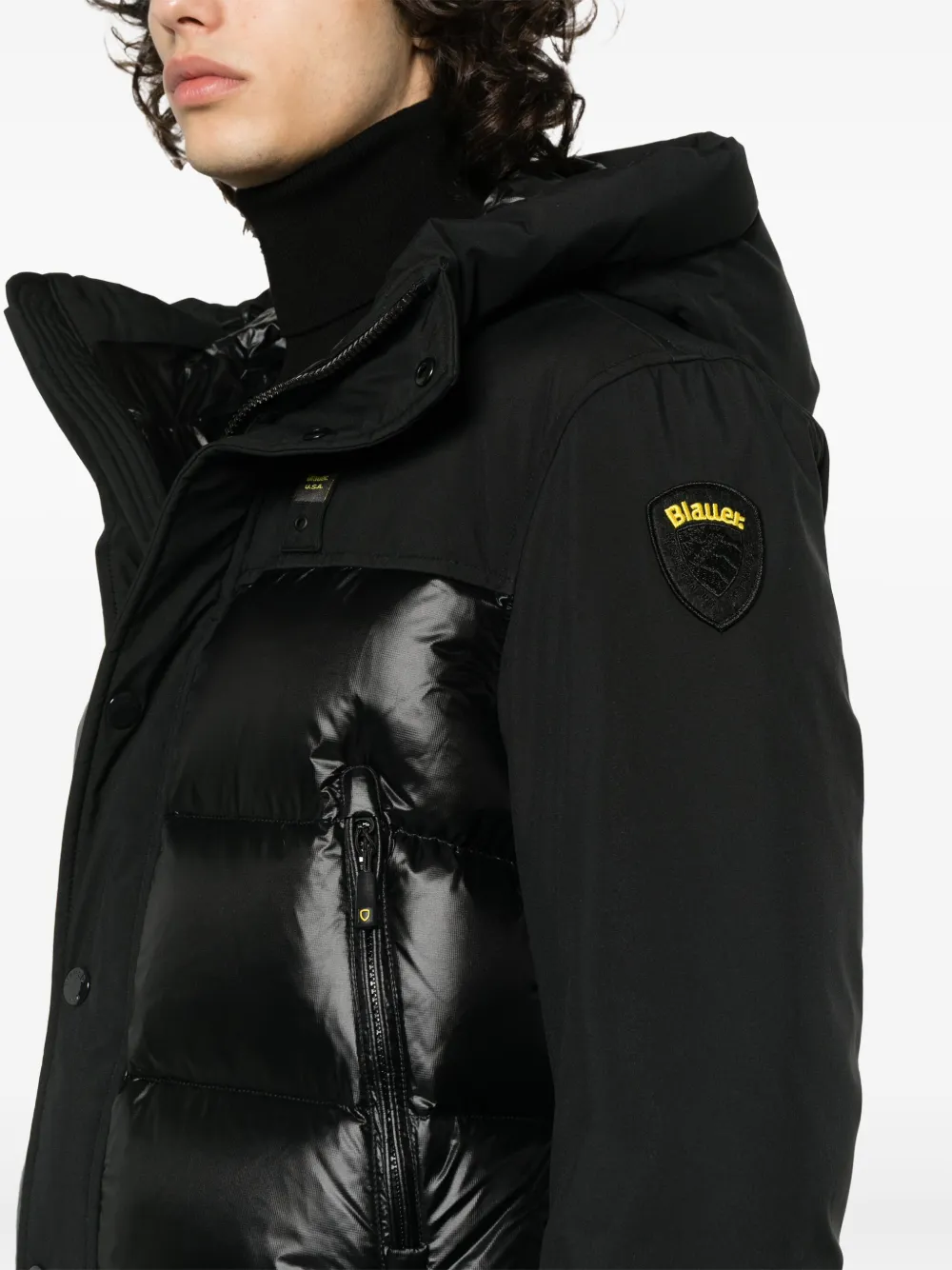Blauer Gewatteerd jack met logo applicatie Zwart