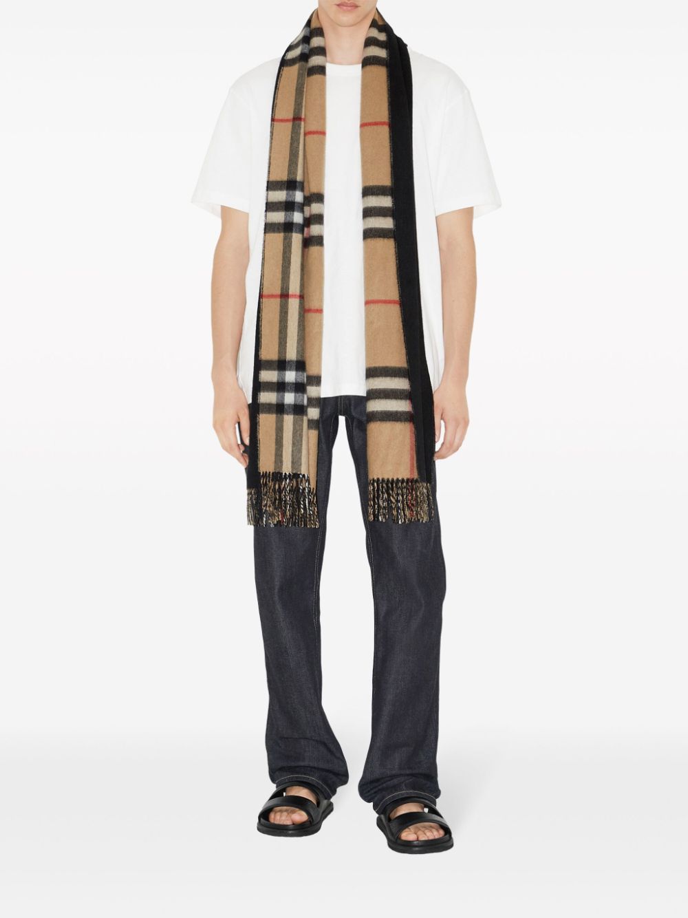 Shop Burberry Check Cashmere Reversible Scarf In Black