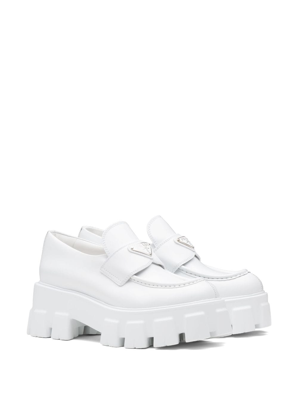 Shop Prada Moonlith Brushed Leather Loafers In White