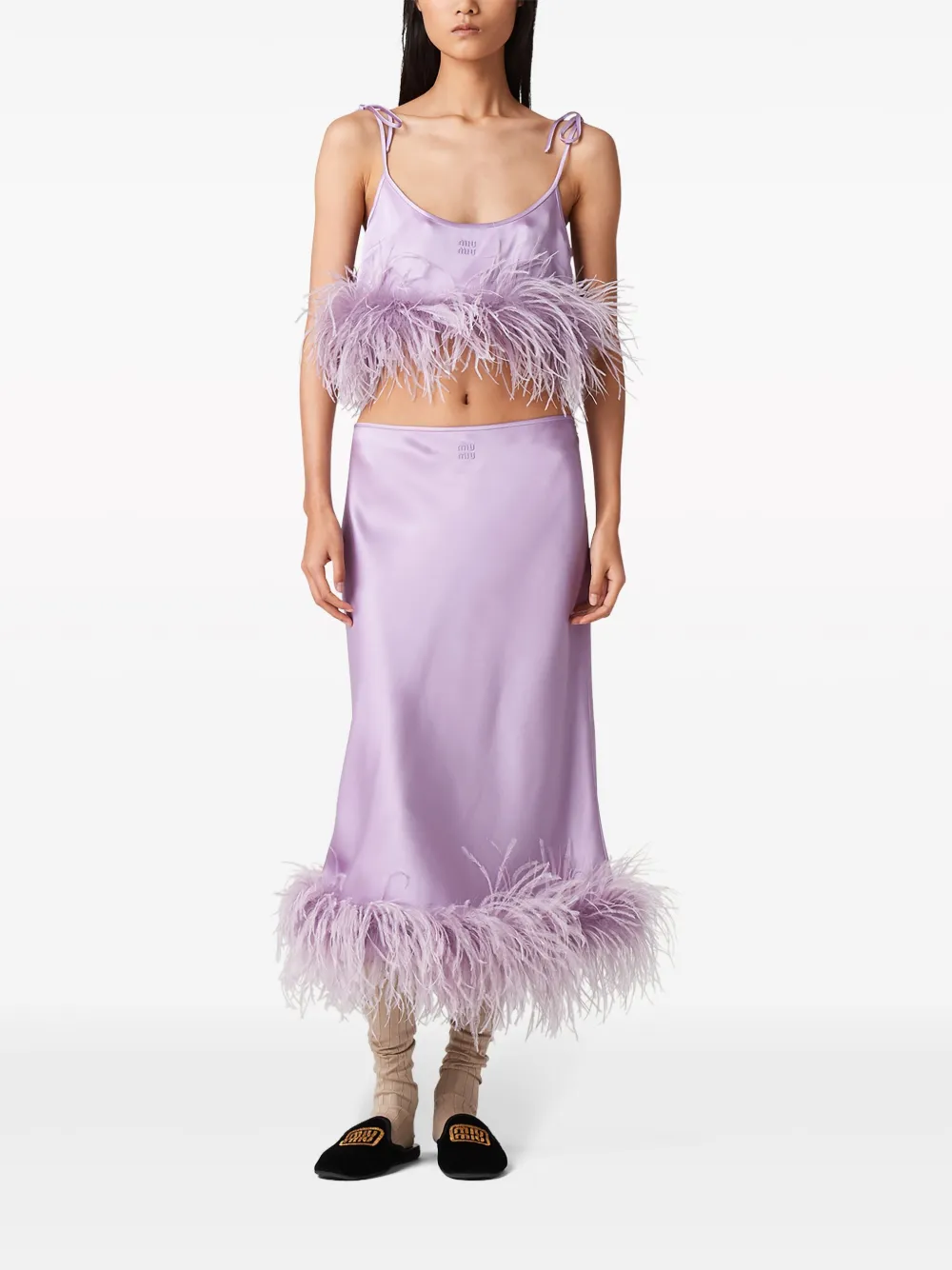 Shop Miu Miu Feather-trim Top In Purple