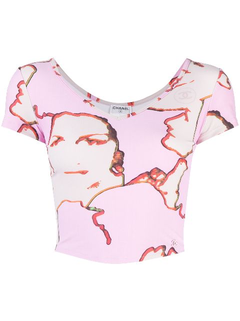 HOT SALE CHANEL 2000 graphic-print crop T-shirt Women