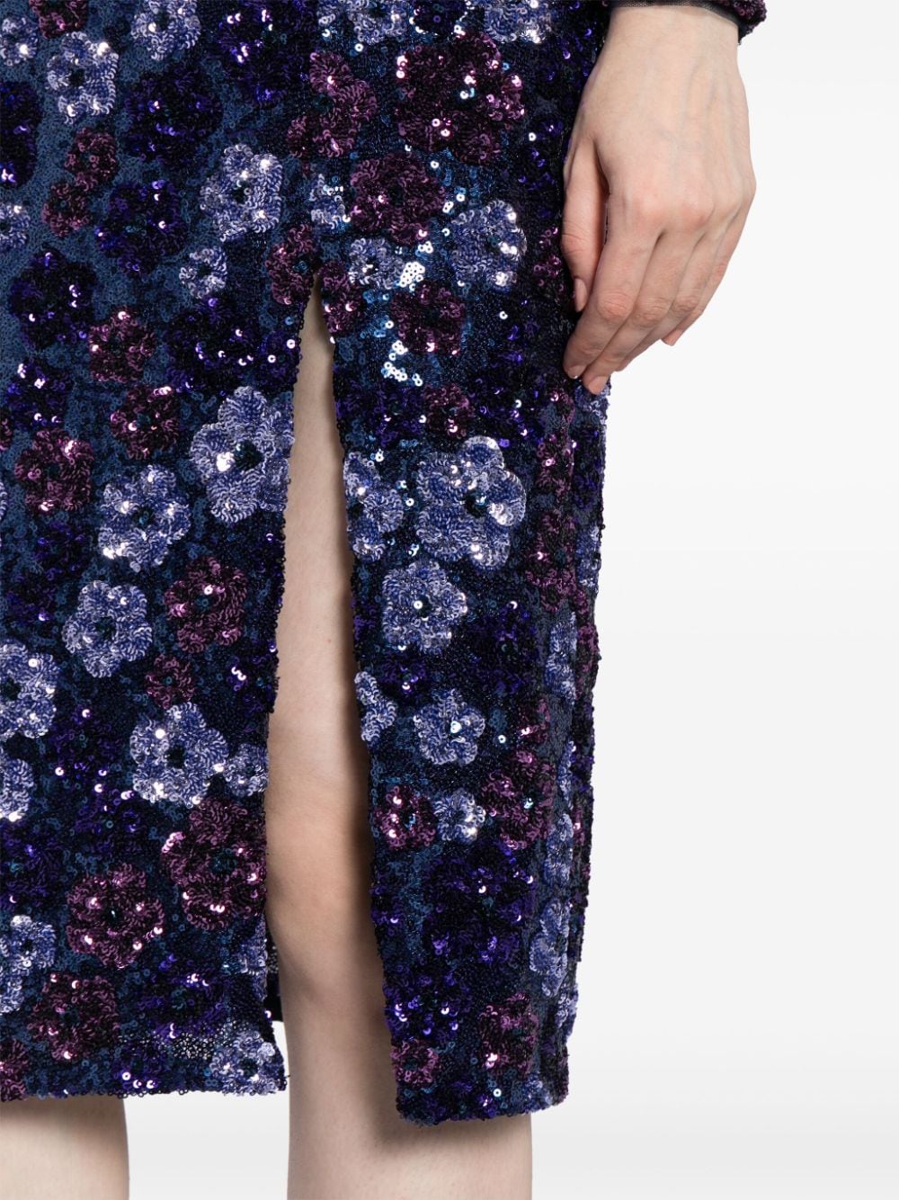 Marchesa Notte Midi-jurk met pailletten en geborduurde bloemen Blauw