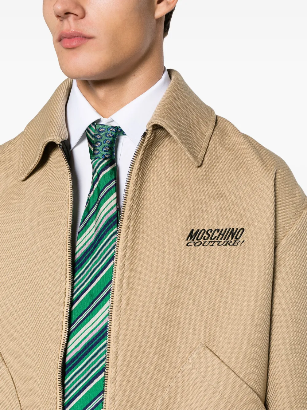 Shop Moschino Logo-embroidered Herringbone Shirt Jacket In Nude