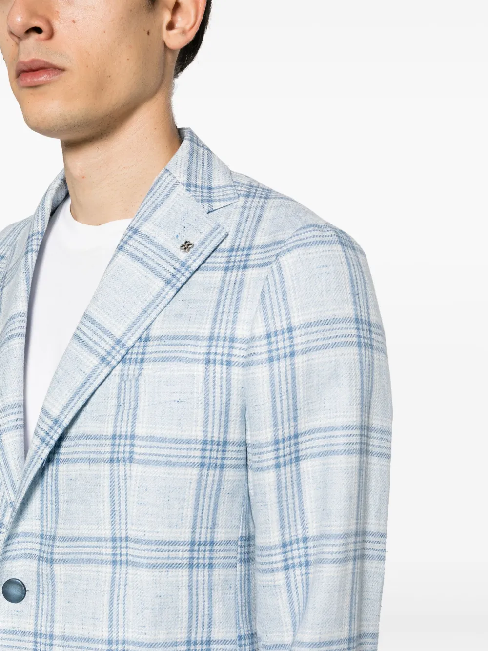 Shop Tagliatore Linen-blend Checked Blazer In Blue