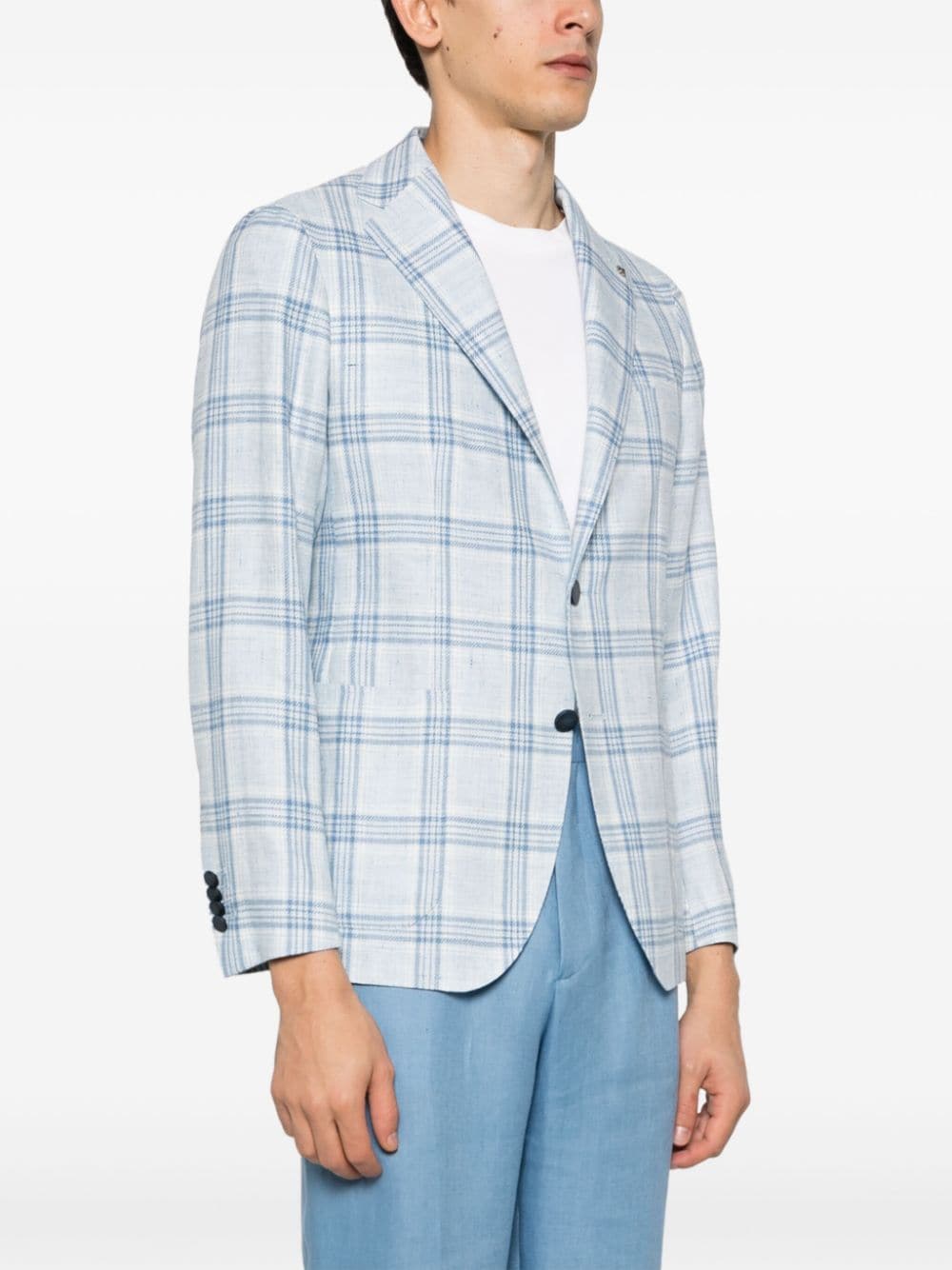 Shop Tagliatore Linen-blend Checked Blazer In Blue