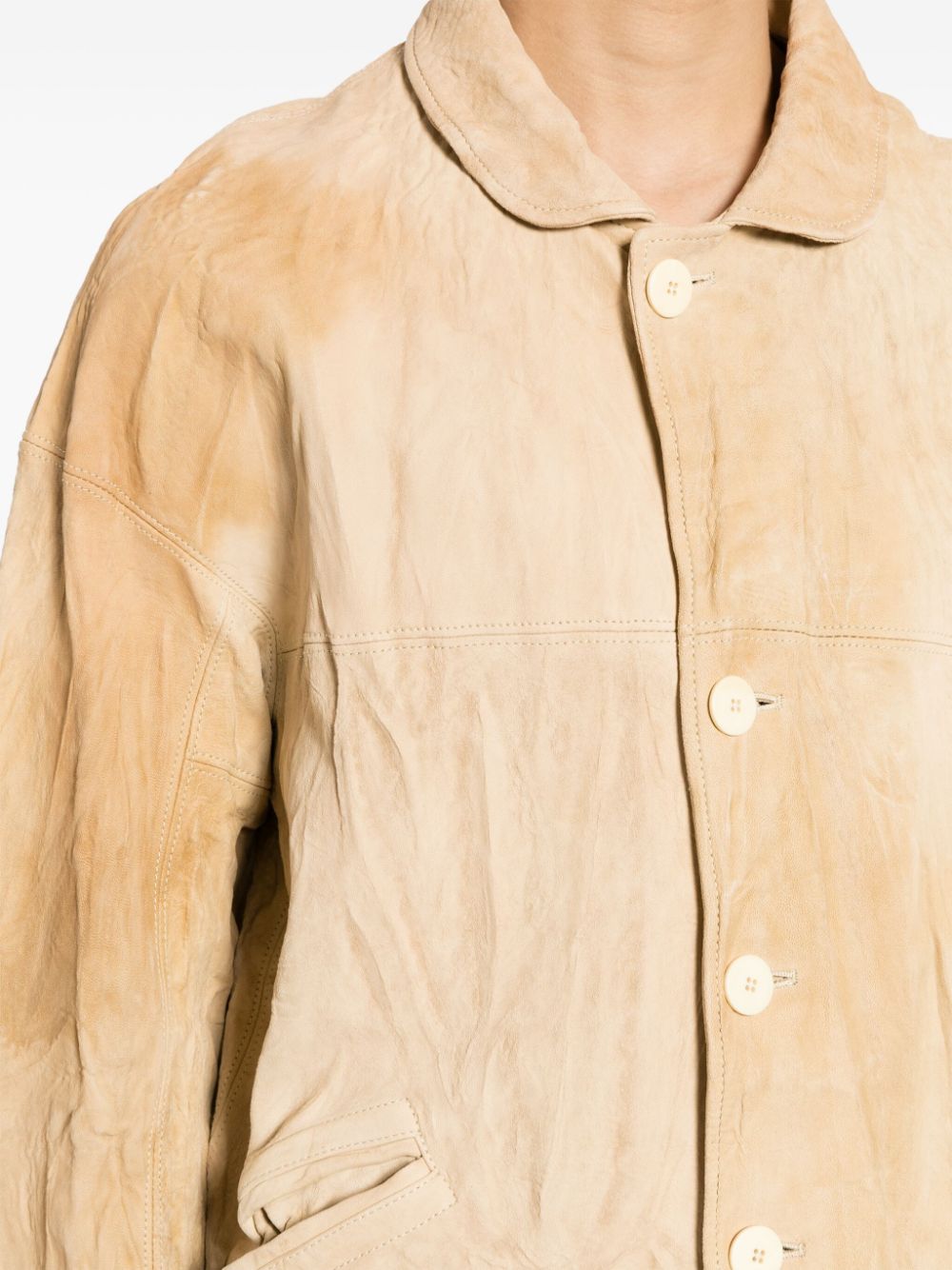 Shop Visvim Crinkle-finish Leather Jacket In Neutrals