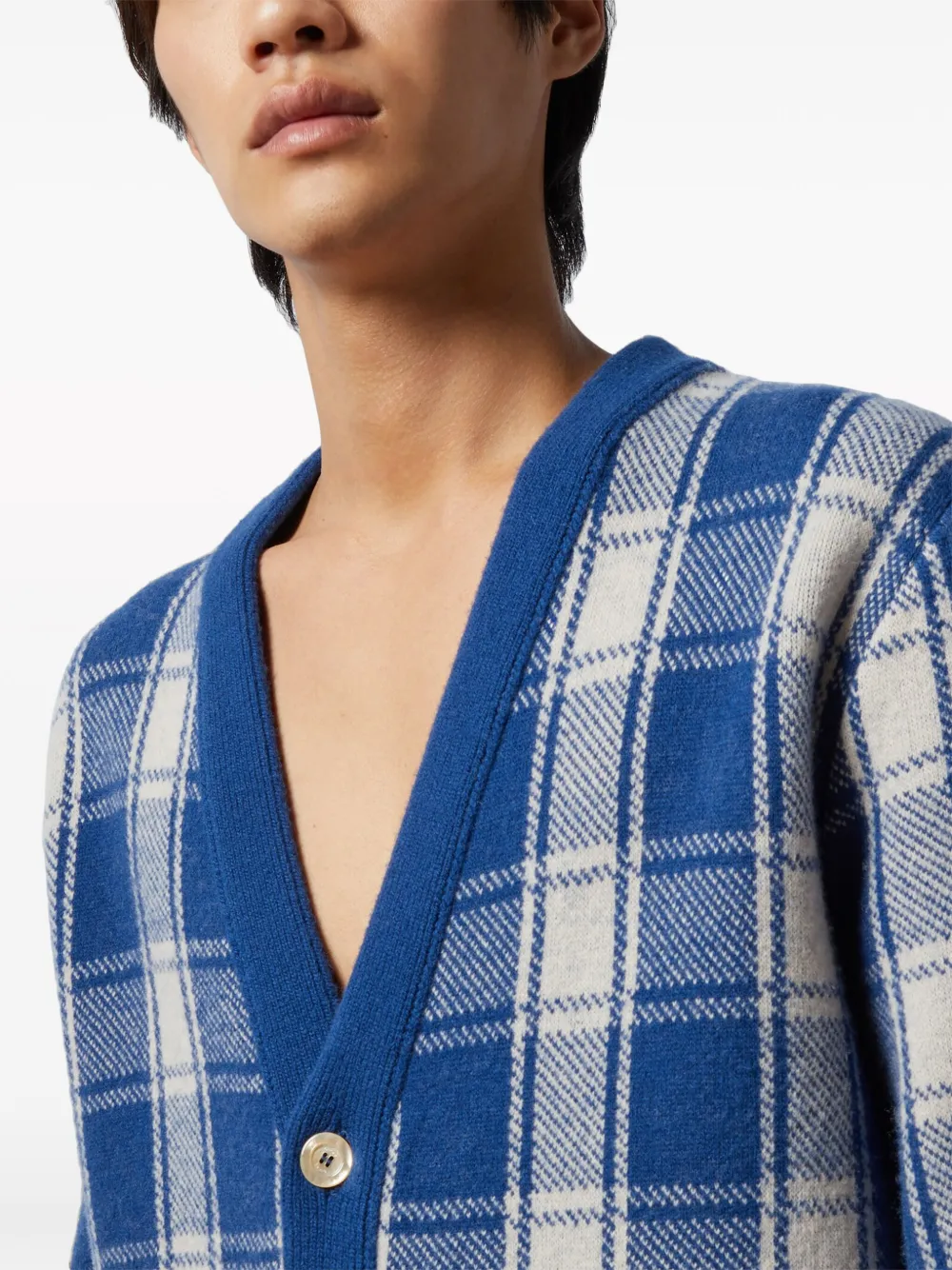 Shop Gucci Reversible Checked Wool Cardigan In Blue