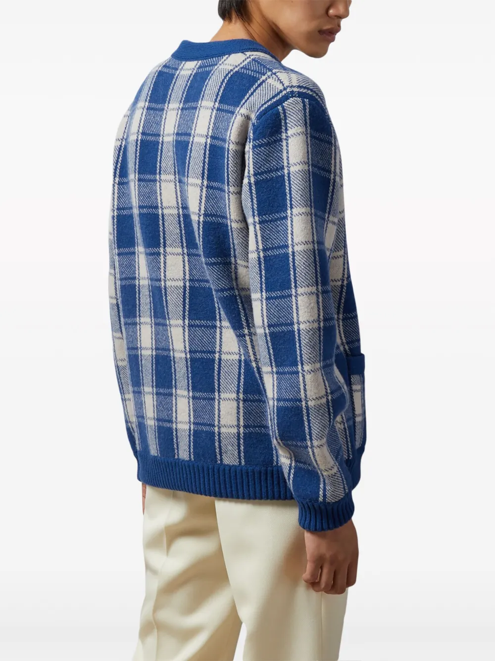 Shop Gucci Reversible Checked Wool Cardigan In Blue