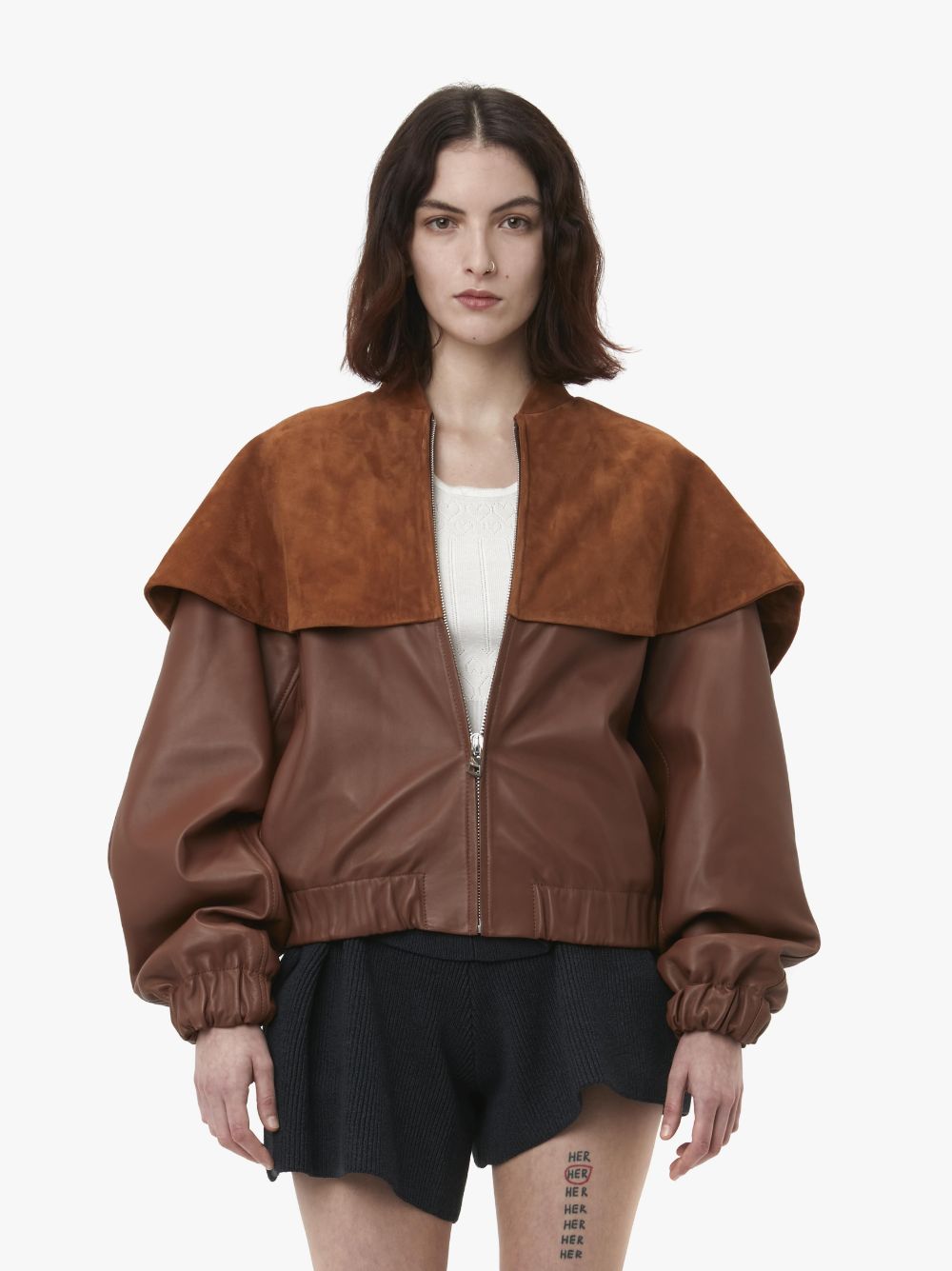 Shop Jw Anderson Leather Bomber Jacket With Oversized Collar In Brown