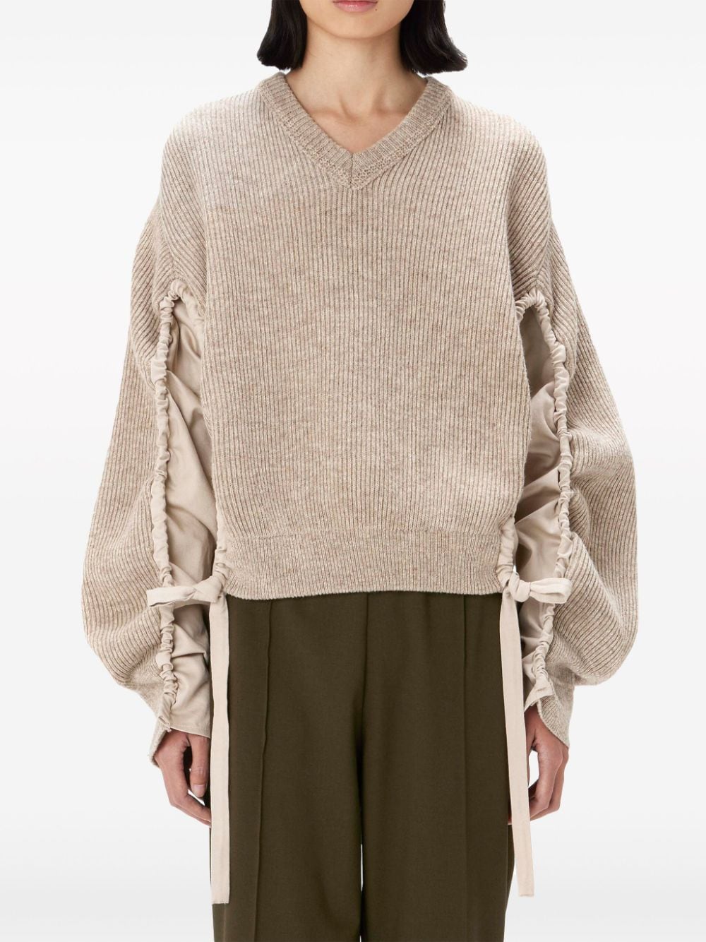 Shop Jw Anderson Panelled-sleeve Ribbed Jumper In Neutrals