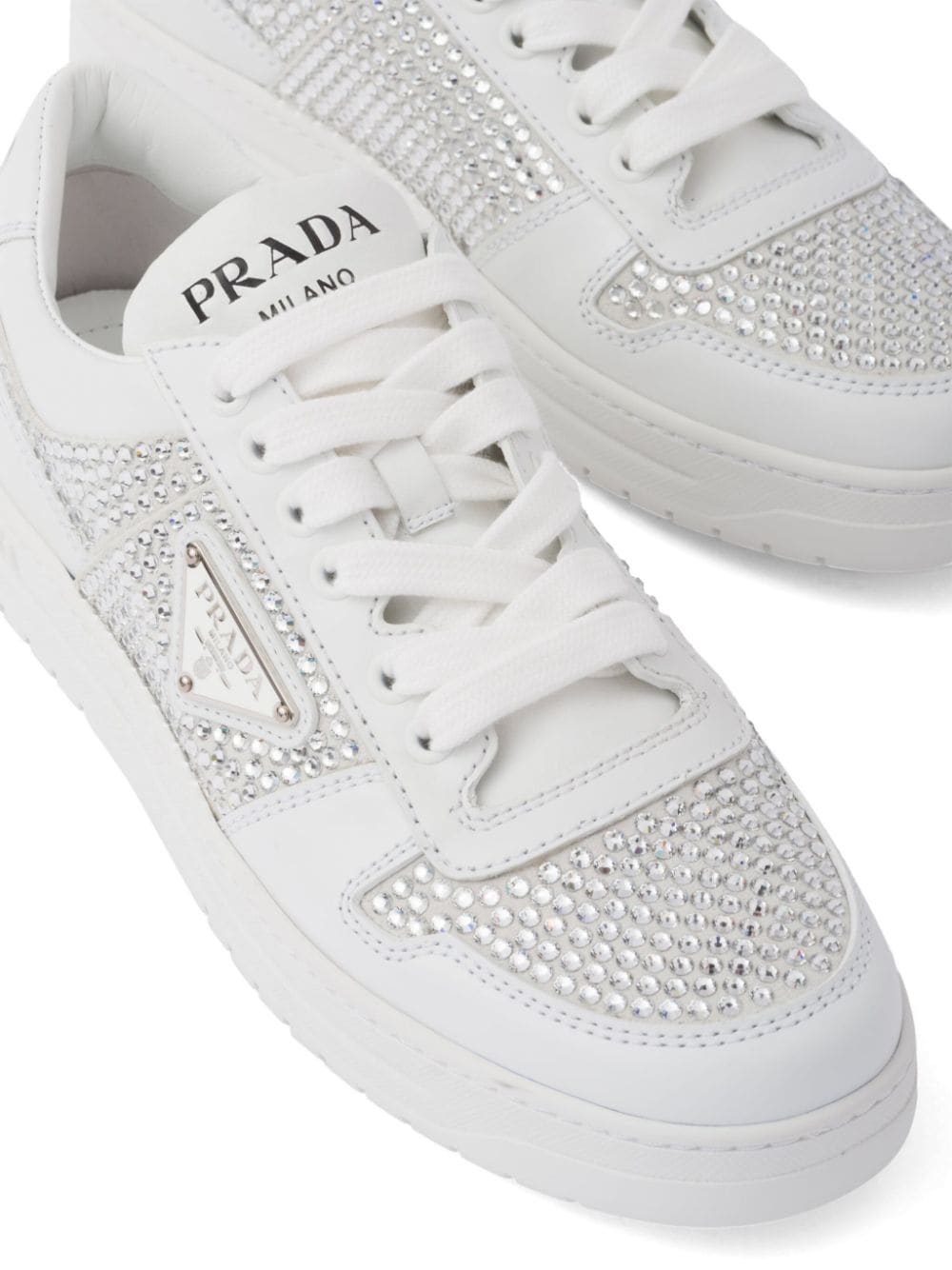 Shop Prada Crystal-embellished Leather Sneakers In White
