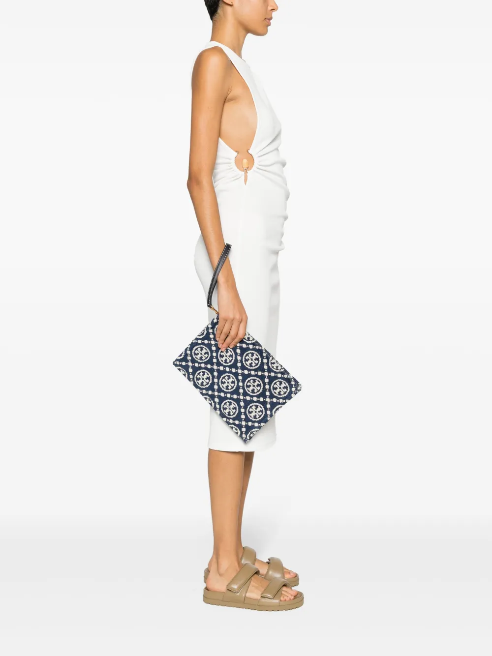 Tory Burch logo-jacquard cotton clutch bag - Blauw