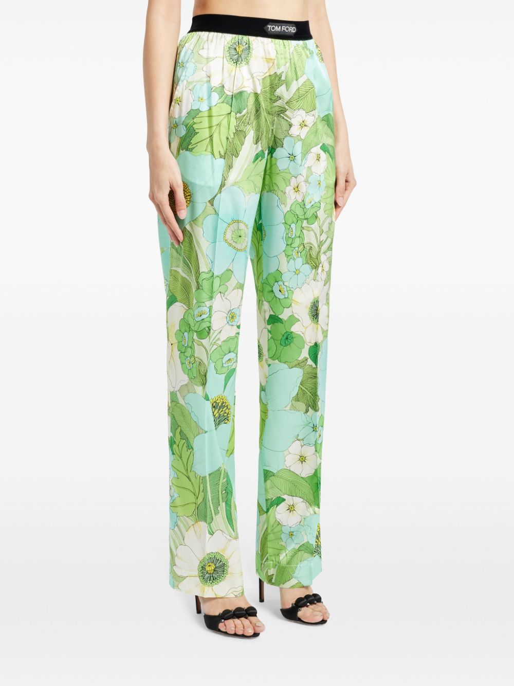 Shop Tom Ford Logo-waistband Floral-print Trousers In 绿色