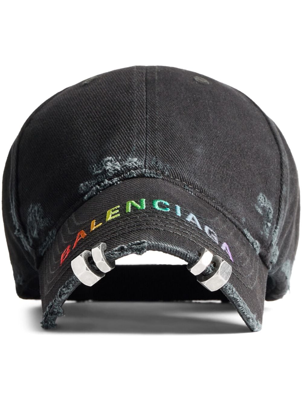 Balenciaga Distressed-effect Ring-embellished Cotton Cap In Black