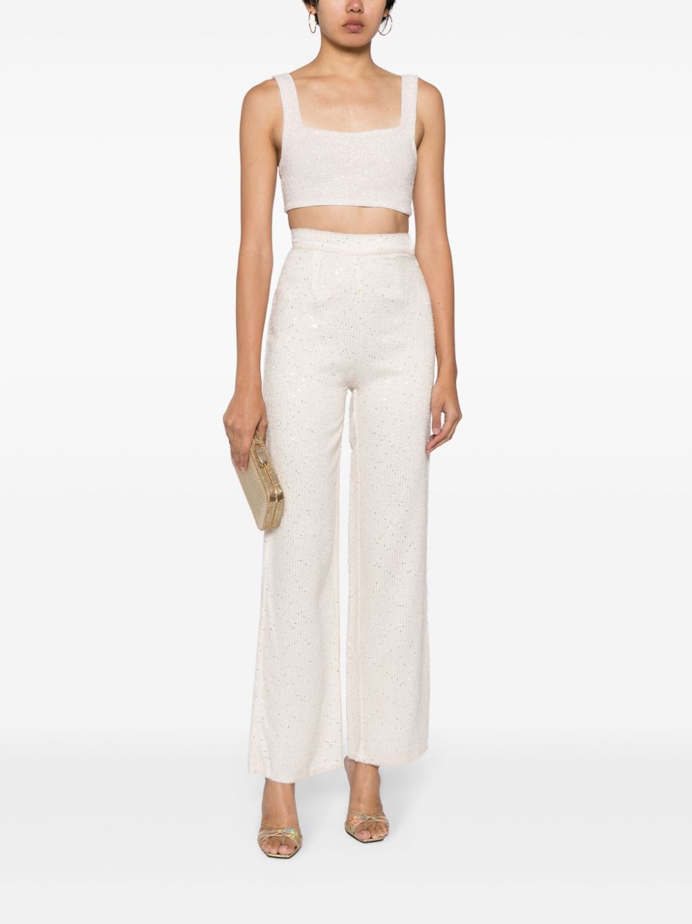 Shop Saiid Kobeisy Sequin-embellished Tweed High-waisted Trousers In White