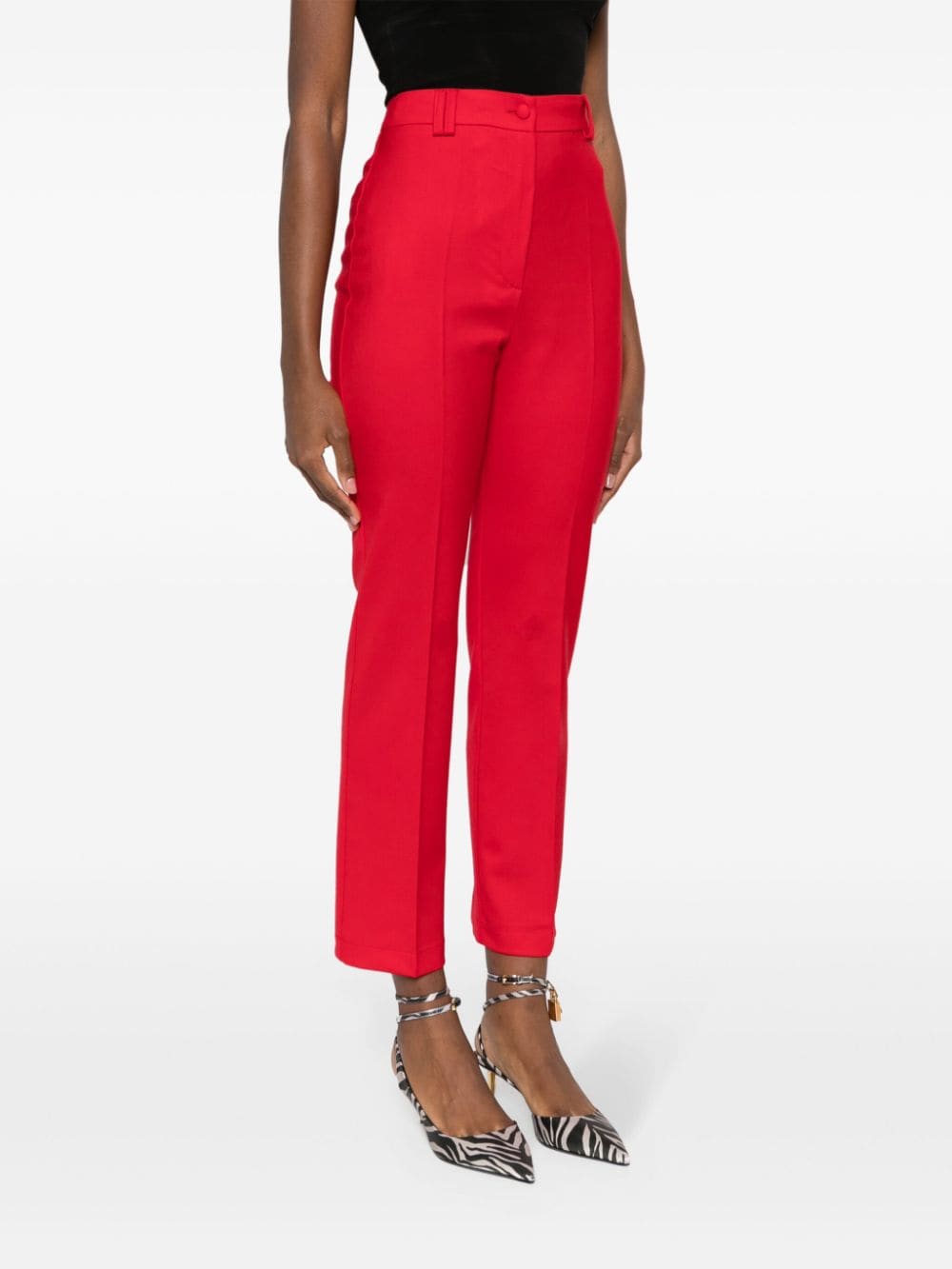 Shop Hebe Studio Pressed-crease Button-fastening Tapered Trousers In Red