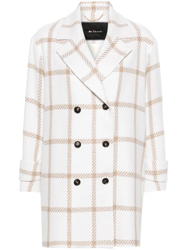 Kiton Check-pattern Cashmere Double-breasted Coat in White