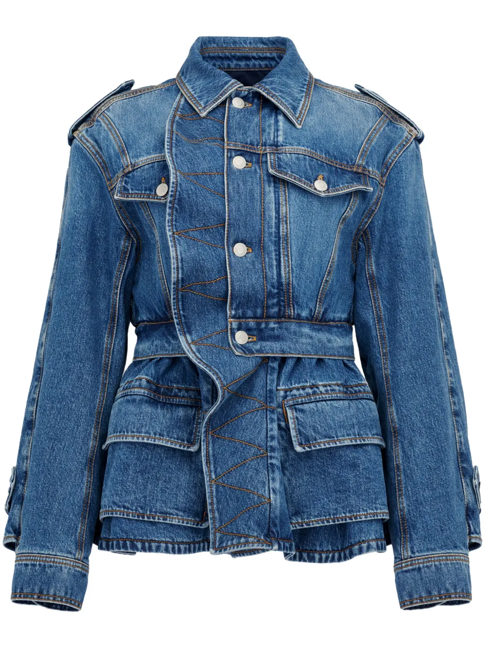 Shop Alexander Mcqueen Patch-pocket Peplum Denim Jacket In Blau