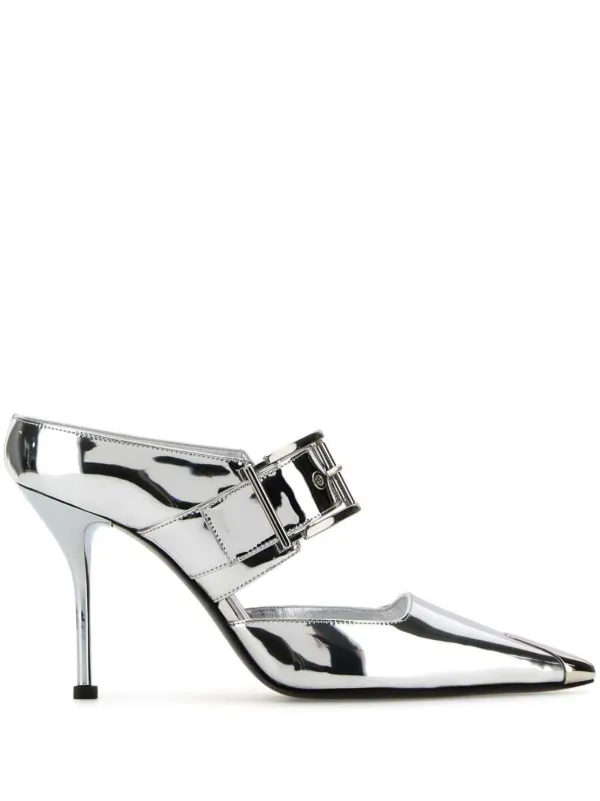 ★alexander mcqueen★ Punk Buckle Strap Mule Silver 744490W4 Alexander Mcqueen Punk Sandals With Buckle In Silver | ModeSens