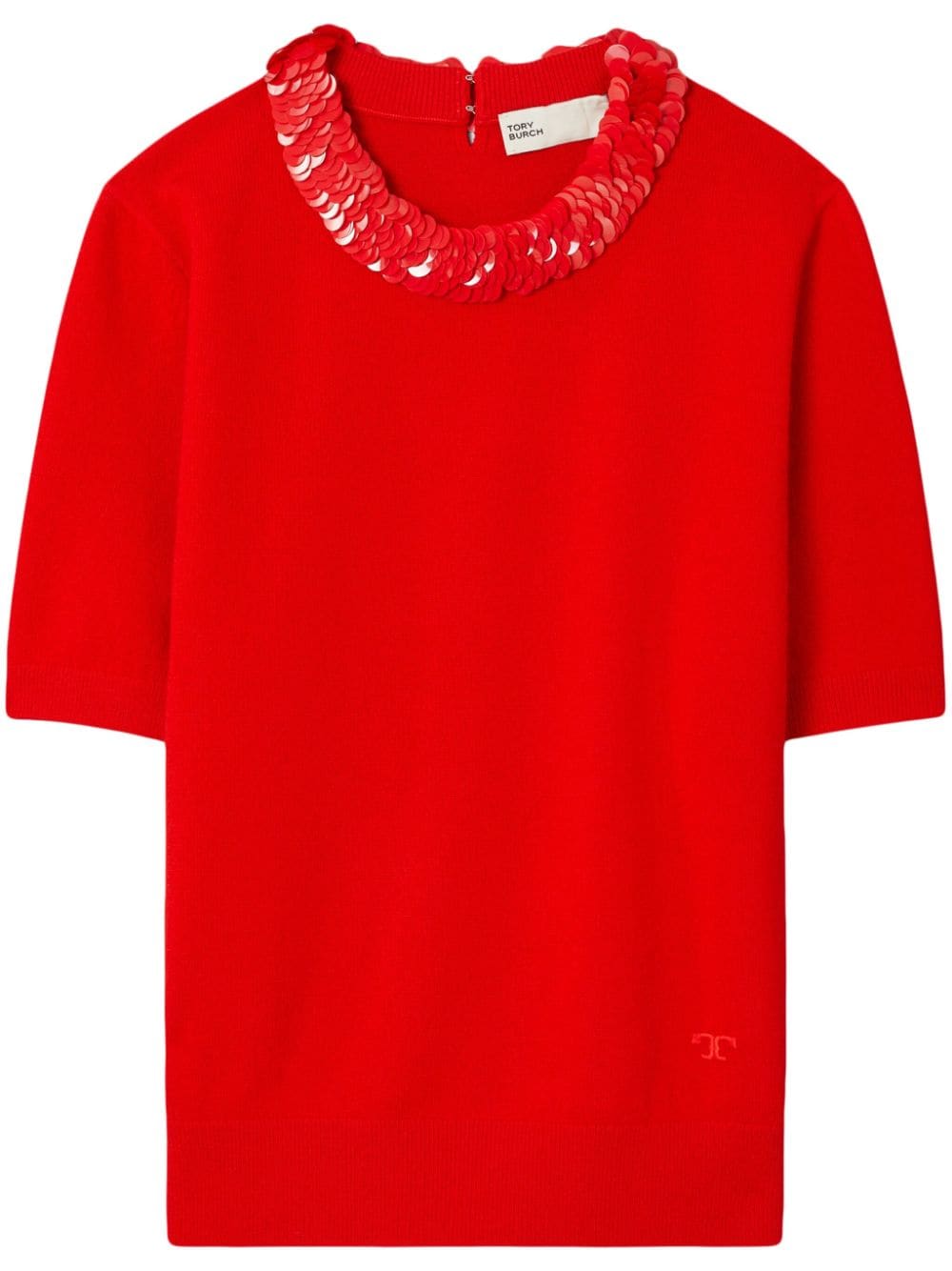 Tory Burch Wool And Sequin Short-sleeved Sweater In Classic Red
