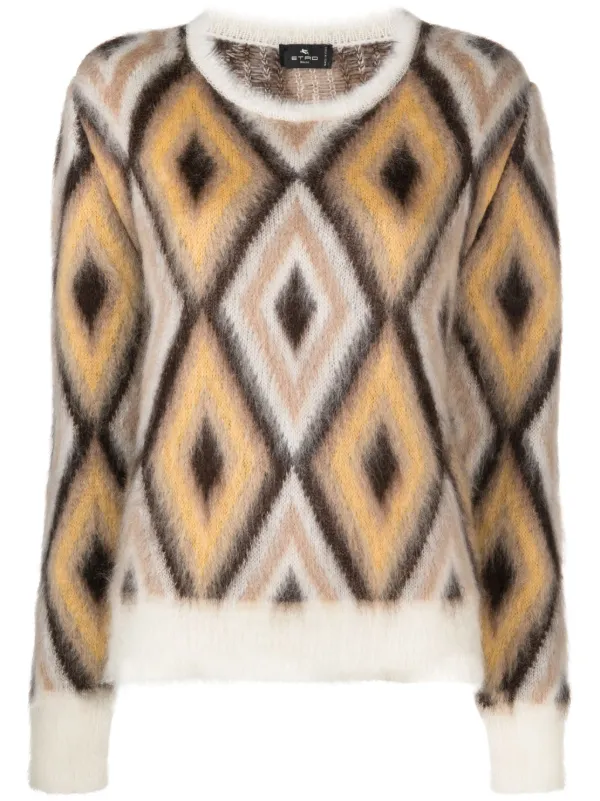 Etro Diamond-jacquard Round-neck Jumper in Brown