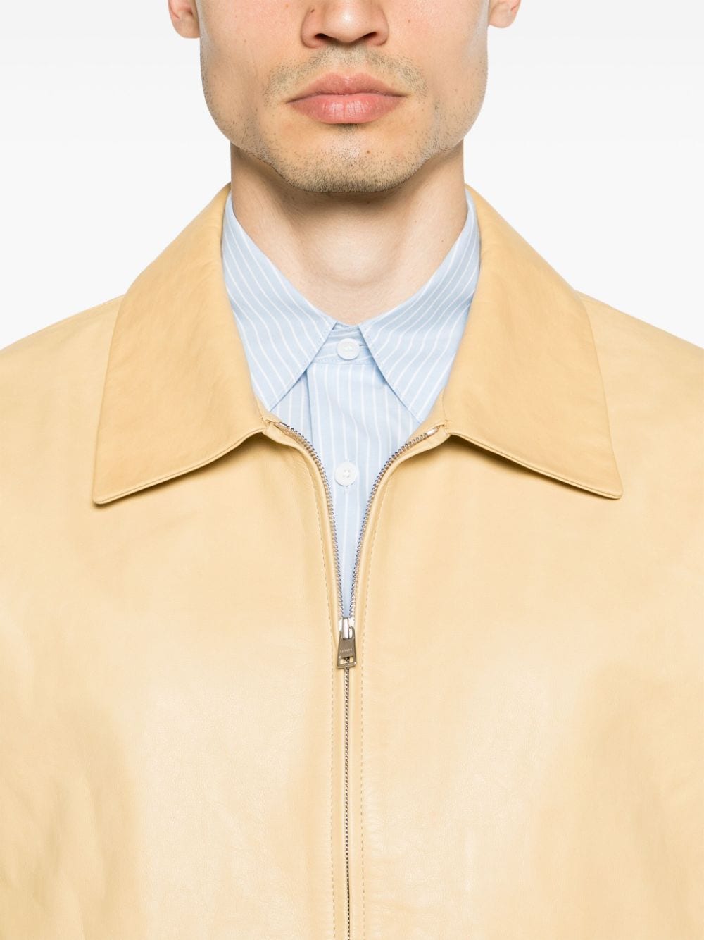 Shop Sandro Zip-up Leather Shirt Jacket In Yellow