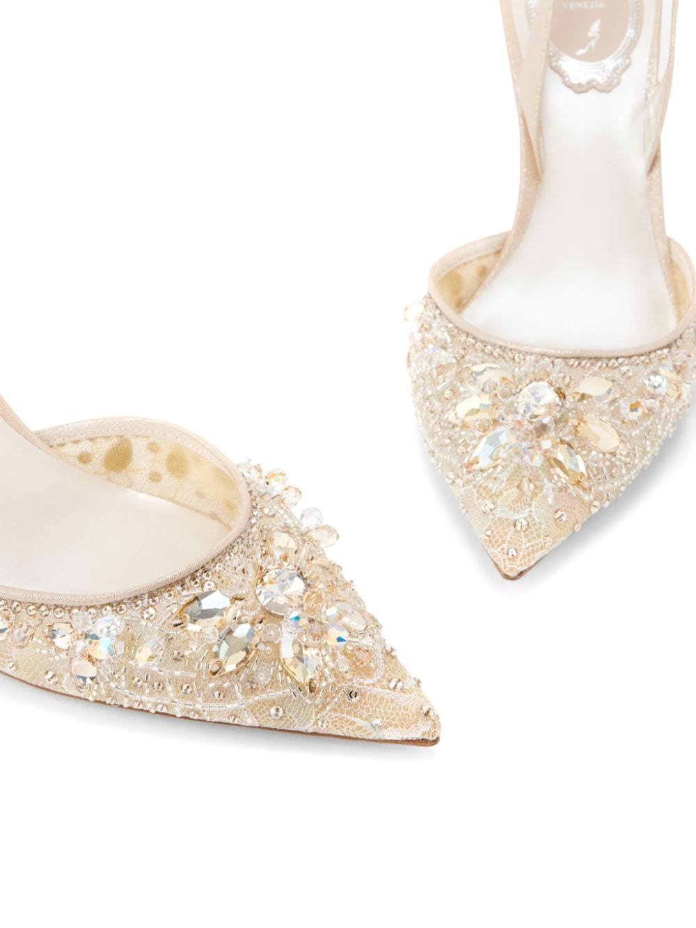 Shop René Caovilla 80mm Crystal-embellished Lace Pumps In Neutrals