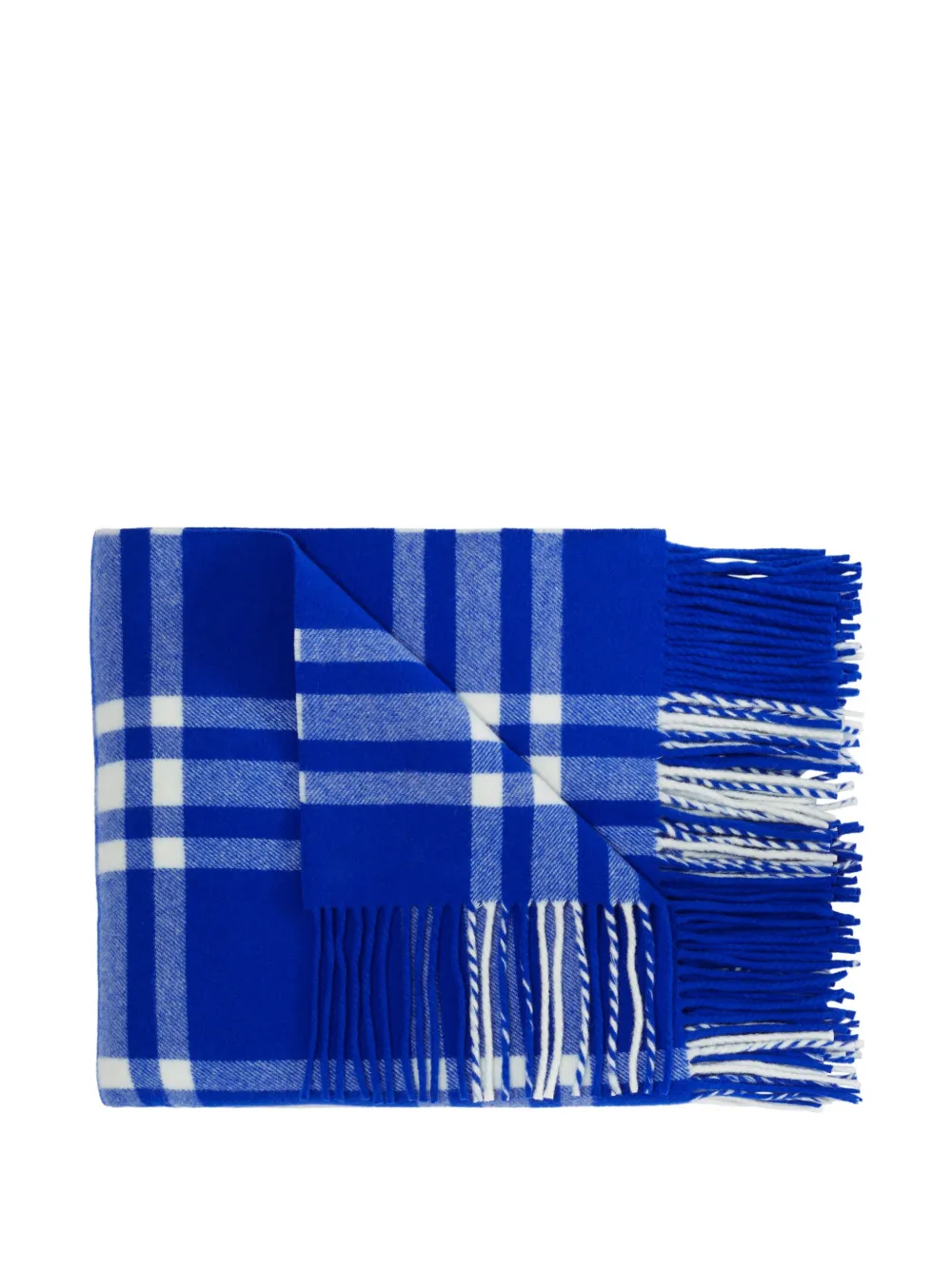 Shop Burberry Check-pattern Fringed Wool Blanket In Blue